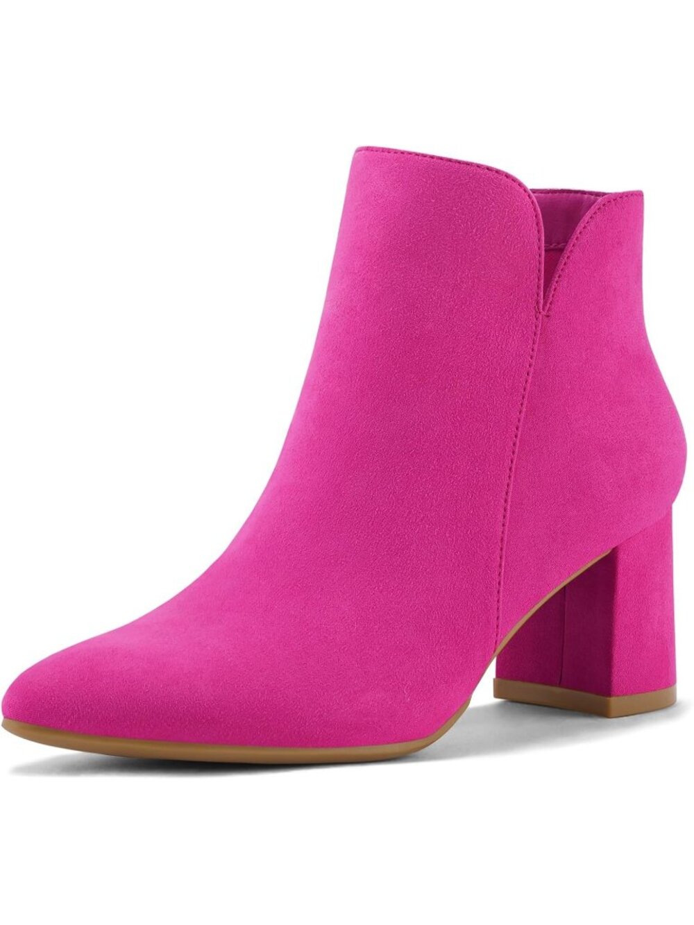 Women's Pink Suede Casual Chunky Block Heel Pointed Toe Side Zipper Ankle Boots